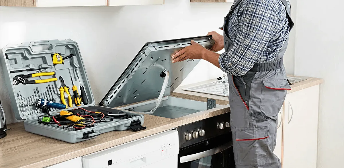 Handyman repairing a cooktop and checking wiring connections in Columbia, MO